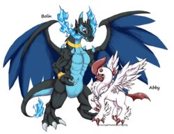  2013 abby_(tigerlilylucky) ambiguous_gender black_text blue_eyes bolin_(tigerlilylucky) character_name digital_drawing_(artwork) digital_media_(artwork) dragon duo english_text fan_character featureless_crotch feral fire flaming_tail fur generation_6_pokemon mega_absol mega_charizard mega_charizard_x mega_evolution membrane_(anatomy) membranous_wings muscular mythological_creature mythological_scalie mythology nintendo nude pokemon pokemon_(species) scalie shaded shiny_pokemon simple_background soft_shading tail text tigerlilylucky tuft white_background white_body white_fur wings 