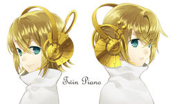  1boy aqua_eyes blonde_hair brother_and_sister commentary_request english_text eto_ichika female hair_ornament headset high_collar kagamine_len kagamine_rin photoshop_(medium) short_hair siblings smile twins vocaloid 