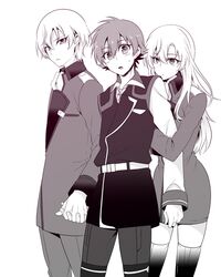  2boys arm_hug bad_id bad_pixiv_id belt blush dual_persona female genderswap_(mtf) holding_another&#039;s_arm holding_hands interlocked_fingers kakumeiki_valvrave kuroki_natsu l-elf long_hair military military_uniform monochrome multiple_boys necktie open_mouth rule_63 sandwiched short_hair skirt tokishima_haruto uniform vest 