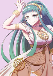  &gt;:) absurdres aqua_eyes aqua_hair arm_up armlet armpits ass_visible_through_thighs belt belt_buckle blunt_bangs blush bracelet breasts bright_pupils buckle choker cleavage cleopatra_(fate) cleopatra_(third_ascension)_(fate) closed_mouth collarbone commentary_request cowboy_shot dress earrings egyptian egyptian_clothes eyebrows eyelashes eyeliner eyes_visible_through_hair fate/grand_order fate_(series) female fingernails fishnet_pantyhose fishnets flower gensui_(auoua) gradient_background hairband hand_on_own_hip highres hoop_earrings jewelry large_breasts legs_apart long_fingernails long_hair looking_at_viewer makeup navel necklace nose o-ring o-ring_bottom o-ring_panties panties pantyhose purple_background ring ringed_eyes shiny_skin sidelocks smile solo sparkle stomach straight_hair thumb_ring tsurime underwear v-shaped_eyebrows very_long_hair white_belt white_choker white_dress white_panties white_pupils yellow_hairband 