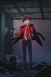  5boys aneunyeoja black_hair blood cigar commentary_request death dress_shirt dual_wielding formal gun handgun highres holding jacket jacket_on_shoulders matsuno_osomatsu multiple_boys necktie osomatsu-san osomatsu_(series) photoshop_(medium) red_shirt shirt smirk solo_focus standing suit weapon 