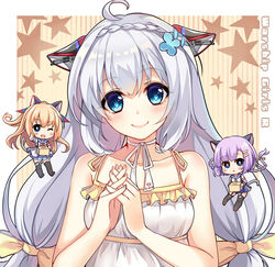  3girls ahoge black_legwear blue_eyes blush character_request chibi chibi_inset claxton_(warship_girls_r) closed_mouth collarbone commentary_request copyright_name grey_hair hasu_(velicia) highres looking_at_viewer multiple_girls photoshop_(medium) smile thighhighs upper_body warship_girls_r 