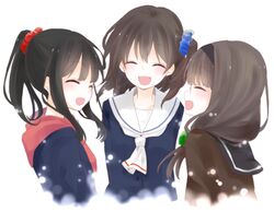  3girls :d ^_^ black_hair blush closed_eyes commentary_request friends glasses hair_ornament hairband happy hood hoodie kominato_ruuko kurebayashi_yuzuki laughing long_hair long_sleeves miyama_rikka multiple_girls open_mouth ponytail school_uniform scrunchie selector_wixoss smile uemura_hitoe wixoss 