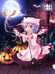  \||/ bat_wings bird blue_hair bow brick_floor cat_tail chinese_commentary commentary_request cross feline female fingernails fish fish_in_mouth flower full_moon grass gyaza halloween hat hat_with_ears high_heels in_umbrella jack-o&#039;-lantern kemonomimi_mode lamppost mini_wings moon mouth_hold nail_polish nebula night outdoors outstretched_arm petals photoshop_(medium) puffy_short_sleeves puffy_sleeves red_eyes red_flower red_nails red_rose remilia_scarlet rose short_hair short_sleeves skirt skirt_set sky solo star_(sky) starry_sky tail tail_bow tail_ornament touhou umbrella wings wrist_cuffs 