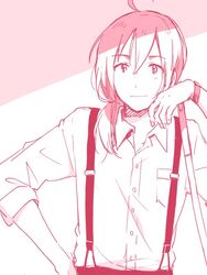  1boy ahoge androgynous bad_id bad_twitter_id hand_on_own_hip idolmaster idolmaster_side-m long_hair looking_at_viewer male_focus monochrome pink_theme ponytail producer_(idolmaster) producer_(idolmaster_side-m_anime) smile solo suspenders upper_body yasushi_(yssm8) 