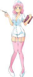  absurdres breasts female full_body hat highres joakim_waller large_breasts muja_kina nurse nurse_cap official_art open_clothes pink_hair purple_eyes simple_background solo syringe white_background yandere_simulator 