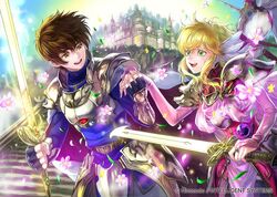  1boy armor black_gloves blonde_hair bridal_gauntlets brown_eyes brown_hair cape castle commentary_request couple elbow_gloves eye_contact female fingerless_gloves fire_emblem fire_emblem:_genealogy_of_the_holy_war fire_emblem:_thracia_776 fire_emblem_cipher flower gloves glowing glowing_sword glowing_weapon green_eyes holding holding_hands holding_sword holding_weapon lands_sword leif_(fire_emblem) light_brand looking_at_another nanna_(fire_emblem) official_art open_mouth pauldrons pink_armor pink_gloves purple_legwear short_hair shoulder_armor sidelocks smile staff stairs straight suzuki_rika sword teeth thighhighs weapon white_armor white_cape winged_hair_ornament 