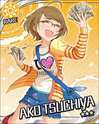  ahoge andrew_jackson artist_request bag banknote between_breasts breasts brown-framed_eyewear brown_hair card_(medium) character_name closed_eyes dollar_bill female glasses hair_ornament hairclip holding holding_money idolmaster idolmaster_cinderella_girls jewelry money necklace official_art orange_background solo sparkle strap_between_breasts sun_symbol tsuchiya_ako 