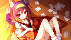  animal_ear_fluff animal_ears bare_legs card chess_piece collarbone commentary_request eight_of_hearts female five_of_clubs five_of_diamonds five_of_hearts four_of_clubs four_of_diamonds four_of_spades fox_ears hatsuse_izuna japanese_clothes kimono lying nine_of_hearts no_game_no_life on_side pawn_(chess) playing_card purple_hair red_eyes seven_of_diamonds seven_of_hearts short_hair six_of_clubs six_of_diamonds six_of_hearts socks tatapopo white_socks wooden_floor 