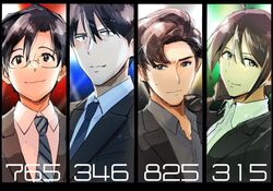  4boys ahoge black_border black_necktie border brown_hair column_lineup commentary formal glasses idolmaster idolmaster.kr idolmaster_(classic) idolmaster_cinderella_girls idolmaster_side-m kang_shinhyuk long_hair male_focus multiple_boys necktie open_collar ponytail producer_(idolmaster) producer_(idolmaster_anime) producer_(idolmaster_cinderella_girls_anime) producer_(idolmaster_side-m_anime) sanpaku suit teuyu upper_body 