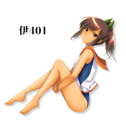  barefoot brown_eyes brown_hair character_name commentary_request female full_body i-401_(kancolle) kantai_collection koyoka one-piece_swimsuit ponytail short_hair simple_background solo swimsuit swimsuit_under_clothes white_background 