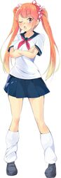  ;o alternate_costume crossed_arms female full_body highres joakim_waller loose_socks official_art one_eye_closed orange_eyes orange_hair osana_najimi_(yandere_simulator) school_uniform serafuku socks solo standing tsundere twintails yandere_simulator 