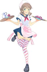  absurdres amai_odayaka apron blush female full_body green_eyes happy highres joakim_waller light_brown_hair official_art school_uniform simple_background smile solo standing standing_on_one_leg white_background yandere_simulator 