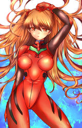  amatsuba_mimina arm_up bad_id bad_pixiv_id breasts commentary evangelion:_2.0_you_can_(not)_advance evangelion:_3.0_you_can_(not)_redo female hair_ornament highres large_breasts long_hair neon_genesis_evangelion open_mouth orange_eyes orange_hair plugsuit rebuild_of_evangelion solo souryuu_asuka_langley twintails 