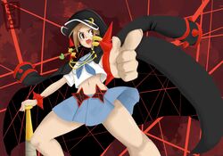  absurdres banchou banned_artist baseball_bat blue_skirt bracelet brown_hair foreshortening highres jacket_on_shoulders jewelry kill_la_kill mankanshoku_mako mouth_hold navel planted_weapon pointing pointing_at_viewer shogu_(shoguchime) short_hair skirt solo spiked_bracelet spikes spoilers straw_(stalk) weapon 