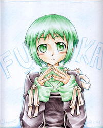  artist_name blush character_name commentary_request dated female green_eyes green_hair looking_at_viewer masana_hatuse persona persona_3 school_uniform shikishi short_hair signature smile solo traditional_media yamagishi_fuuka 