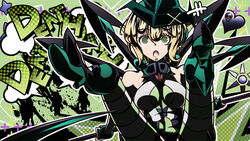  akatsuki_kirika all-out_attack bad_id bad_pixiv_id bare_shoulders boots breasts female green_eyes hair_between_eyes headgear heart high_heel_boots high_heels leotard looking_at_viewer medium_breasts noise_(symphogear) open_mouth parody persona persona_5 photoshop_(medium) rootdesign senki_zesshou_symphogear skull solo striped_clothes striped_thighhighs thighhighs 