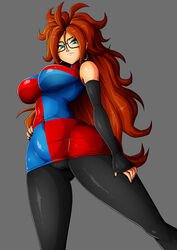  android_21 arm_warmers big_hair black-framed_eyewear black_legwear black_nails blue_eyes breasts brown_hair curly_hair curvy dragon_ball dragon_ball_fighterz earrings female female glasses grey_background hand_on_thigh hand_on_waist large_breasts long_hair multicolored_clothes multicolored_dress nail_polish pantyhose thick_thighs thighs witchking00 