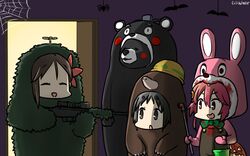  3girls amagi_(kancolle) animalization bear black_eyes black_hair brown_hair bush call_of_duty call_of_duty_4 camouflage captain_macmillan captain_macmillan_(cosplay) character_request closed_eyes commentary copyright_request cosplay crescent crescent_hair_ornament disguise flower ghillie_suit gun hair_between_eyes hair_flower hair_ornament halloween hamu_koutarou highres kantai_collection kumamon kumamon_(cosplay) kumano_(kancolle) light_smile looking_at_viewer maru-yu_(kancolle) mole mole_(animal) mole_under_eye multiple_girls open_door pink_eyes pink_hair ponytail rabbit_hair_ornament rifle robbie_the_rabbit robbie_the_rabbit_(cosplay) silent_hill_(series) silent_hill_3 smile sniper_rifle uzuki_(kancolle) weapon yuru-chara 