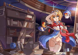  12cat alice_margatroid blonde_hair blue_eyes book bookshelf capelet commentary_request doll dress female groin hairband lance long_hair navel no_pants open_mouth panties polearm shanghai_doll short_hair solo test_tube touhou underwear weapon white_panties 