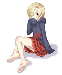  absurdres bad_id bad_pixiv_id bags_under_eyes bare_shoulders barefoot blonde_hair earrings feet female full_body hair_over_one_eye highres hood hood_down hoodie idolmaster idolmaster_cinderella_girls jewelry looking_at_viewer red_eyes shirasaka_koume short_hair sitting skirt sleeves_past_fingers sleeves_past_wrists soles solo souji_kurokawa toes 