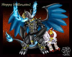  2014 abby_(tigerlilylucky) ambiguous_gender armor bandai_namco blackwargreymon blue_eyes bolin_(tigerlilylucky) clothed clothing crossover digimon digimon_(species) dragon duo fan_character feral fire fur generation_6_pokemon mega_absol mega_charizard mega_charizard_x mega_evolution membrane_(anatomy) membranous_wings muscular mythological_creature mythological_scalie mythology nefertimon nintendo pokemon pokemon_(species) scalie shiny_pokemon tail tigerlilylucky white_body white_fur wings 