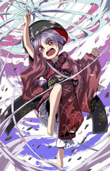  afterimage barefoot bowl bowl_hat commentary_request female frilled_kimono frills hat highres japanese_clothes kimono light_purple_hair needle obi oversized_object photoshop_(medium) red_eyes sash short_hair sukuna_shinmyoumaru swirling syope touhou weapon 