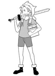  1boy adventure_time artist_self-insert atokniiro backpack bag book boots closed_eyes commentary cosplay english_commentary finn_the_human finn_the_human_(cosplay) full_body greyscale grin hood male_focus math monochrome original parted_lips shorts simple_background smile solo standing sword weapon white_background 