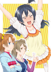  3girls alternate_costume ayase_eli ayase_eli_(cosplay) bad_id bad_pixiv_id blue_eyes blue_hair blush brown_eyes brown_hair casual commentary_request cosplay hair_bobbles hair_ornament hood hoodie hoshizora_rin hoshizora_rin_(cosplay) juu_ho kosaka_honoka long_hair love_live! love_live!_school_idol_project minami_kotori multiple_girls one_side_up open_mouth personality_switch photoshop_(medium) skirt smile sonoda_umi sonoda_umi_(cosplay) thighhighs thumbs_up 