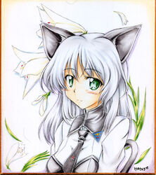  animal_ears blush cat_ears cat_girl cat_tail commentary_request female flower green_eyes long_hair masana_hatuse sanya_v._litvyak shikishi smile solo strike_witches tail traditional_media world_witches_series 