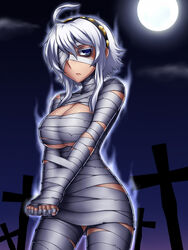  anger_vein aura bandage_over_one_eye bandages blue_eyes commentary_request cross duel_monster female full_moon graveyard hairband looking_at_viewer milla_the_temporal_magician moon mummy_costume pataneet sidelocks solo white_hair yu-gi-oh! 