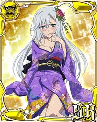  blue_eyes blush breasts card_(medium) cleavage female finger_to_mouth grey_hair hair_ornament japanese_clothes kimono la_folia_rihavein large_breasts long_hair purple_kimono solo strike_the_blood 