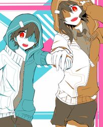  1boy amamiya_hibiya bad_id bad_pixiv_id daze_(kagerou_project) female highres holding_hands hood hoodie kagerou_project kisaragi_momo long_hair matsushia_(kaorin990803) red_eyes short_hair spot_color 