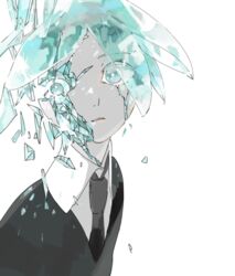  1other androgynous aqua_eyes aqua_hair black_necktie black_shirt broken collared_shirt colored_eyelashes commentary_request crack damaged eyeball eyelashes eyes_visible_through_hair gem gem_uniform_(houseki_no_kuni) houseki_no_kuni looking_at_viewer necktie nose other_focus parted_lips phosphophyllite portrait sanpaku shards shirt short_hair simple_background solo toooka upper_body white_background 