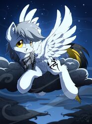  2016 cloud equid equine feathered_wings feathers feral fur hasbro hi_res hioshiru hooves kej_(kejifox) male mammal my_little_pony mythological_creature mythological_equine mythology night outside pegasus smile solo white_body white_feathers white_fur wings yellow_eyes 