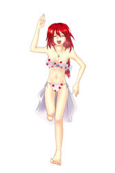  banned_artist barefoot bikini clannad closed_eyes cross food food_themed_clothes fruit jewelry long_hair namesake okazaki_tomoya okazaki_yumemi parody pendant red_hair smile solo strawberry suisen swimsuit touhou touhou_(pc-98) 