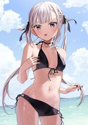  ass_visible_through_thighs bikini black_bikini black_choker black_nails black_ribbon blush breasts chigusa_minori choker cloud commentary_request corrupted_twitter_file cowboy_shot day female flat_chest front-tie_bikini_top front-tie_top grey_eyes grey_hair hair_ribbon halterneck highres kokoro_iroduku_koi_ga_shitai kurosu_owari long_hair looking_at_viewer nail_polish navel ocean outdoors ribbon side-tie_bikini_bottom sky small_breasts smirk solo standing swimsuit tongue tongue_out twintails water wet 