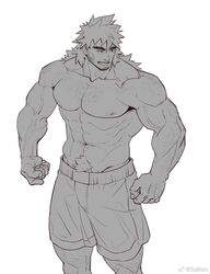  1boy abs arm_hair arms_at_sides bara broad_shoulders chest_hair facial_hair feet_out_of_frame goatee_stubble greyscale hairy hand_hair highres huge_eyebrows large_pectorals leg_hair long_hair looking_to_the_side male_focus mature_male monochrome muscular muscular_male navel navel_hair nipples open_mouth original pectorals sanpaku selkiro shorts sideburns_stubble solo sparse_chest_hair spiked_hair standing stomach stubble thick_navel_hair topless_male v-taper veins veiny_arms 