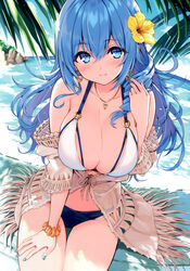  absurdres bare_shoulders bikini blue_eyes blue_hair blue_sky blush bow bowtie breasts cleavage closed_mouth cloud cloudy_sky collarbone cu-no day earrings female fingernails hair_ornament hand_up head_tilt highres hisen_kaede hoop_earrings jewelry kohitsuji_ai large_breasts lips long_hair looking_at_viewer nail_polish navel necklace o-ring o-ring_bikini ocean outdoors scan scrunchie sitting sky smile solo stomach swimsuit thighs water wrist_scrunchie 