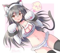  animal_ears animal_hands bikini black_hair black_thighhighs breasts brown_eyes cat_cutout cat_ears cat_girl cat_tail cleavage_cutout clothing_cutout commentary_request female frilled_bikini frills gloves hair_ornament hairclip haruna_(kancolle) highres kantai_collection large_breasts long_hair one-hour_drawing_challenge paw_gloves paw_pose shizuna_kaede smile solo swimsuit tail thighhighs white_bikini 