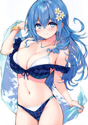  absurdres bare_shoulders bikini blue_eyes blue_hair blush bow bowtie bracelet breasts cleavage closed_mouth collarbone cu-no female fingernails flower frills hair_flower hair_ornament highres hisen_kaede holding holding_towel jewelry kohitsuji_ai large_breasts long_hair looking_at_viewer nail_polish navel necklace scan smile solo stomach swimsuit thighs towel 