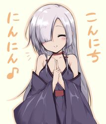  bare_shoulders choker closed_eyes collarbone dark-skinned_female dark_skin dress facing_viewer grey_hair hair_over_one_eye halterneck haori highres japanese_clothes kuji-in kusonemita long_hair low-tied_sidelocks musical_note ninja notice_lines outline purple_dress ribbon_choker smile teeth tenka_hyakken torikai_rai_kunitsugu upper_body 