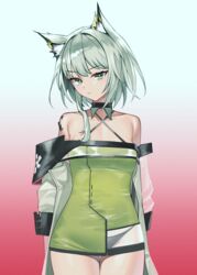  animal_ear_fluff animal_ears arknights bare_shoulders black_panties blue_background breasts closed_mouth collarbone commentary dress female gradient_background green_dress green_eyes grey_hair highres jacket kal&#039;tsit_(arknights) long_sleeves looking_at_viewer medium_breasts off-shoulder_jacket off_shoulder panties puffy_long_sleeves puffy_sleeves red_background see-through siguya solo underwear v-shaped_eyebrows white_jacket 