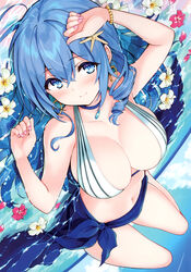  absurdres bare_shoulders bikini blue_eyes blue_hair blue_sky blush bracelet breasts choker cleavage closed_mouth cloud collarbone cu-no day earrings female fingernails flower hair_ornament highres hisen_kaede hoop_earrings jewelry kohitsuji_ai large_breasts lips long_hair looking_at_viewer lying nail_polish navel on_back outdoors petals scan shiny_skin sky smile starfish_hair_ornament stomach striped_bikini striped_clothes swimsuit thighs vertical_stripes water wet 