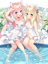  2girls :d aimyu angel angel_wings animal_ears armpits bare_shoulders barefoot blonde_hair blue_eyes blue_ribbon blush boku_no_risou_no_isekai_seikatsu breasts crossover daten_keikaku dress hair_ribbon halo long_hair looking_at_viewer misia_(ichiri) multiple_girls navel panties pink_hair ribbon sazaki_ichiri sitting sleeveless smile soaking_feet underwear white_dress white_panties wings 