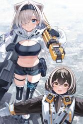  2girls :d absurdres animal_ears arknights asymmetrical_bangs aurora_(arknights) aurora_(elite_ii)_(arknights) bear_ears belt black_belt black_gloves black_hair black_hairband black_shirt blue_eyes breasts cleavage commentary_request crop_top crossed_bangs gloves grey_shorts hair_over_one_eye hairband highres infection_monitor_(arknights) jacket large_breasts long_bangs long_hair long_sleeves looking_at_viewer magallan_(arknights) midriff multicolored_hair multiple_girls navel one_eye_covered open_mouth shirt short_shorts shorts shrug_(clothing) sitting smile stomach streaked_hair thigh_strap thighs very_long_hair white_gloves white_hair zhengqi_zhizi_sg 