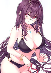  absurdres arm_support bare_shoulders bikini black_bikini blush bracelet breasts brown_hair cleavage closed_mouth collarbone cu-no female fingernails glasses halterneck highres hisen_kaede holding jewelry kokonoe_tamaki large_breasts lips long_hair looking_at_viewer navel necklace o-ring o-ring_bikini o-ring_bottom o-ring_top red_eyes scan sitting smile solo stomach swimsuit thighs white_background 