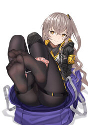  absurdres armband black_pantyhose bondage bondage bound brown_hair chinese_commentary commentary cuffs feet feet_up female foot_pussy girls&#039;_frontline highres long_hair looking_at_viewer one_side_up panties pantyhose restrained scar scar_across_eye scar_on_face soles toes ump45_(girls&#039;_frontline) underwear xo_(xo17800108) yellow_armband yellow_eyes 