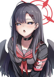  absurdres armband black_choker black_hair black_sailor_collar black_serafuku black_skirt black_wings blue_archive blue_eyes blush choker commentary_request female hair_ornament hairclip halo highres ichika_(blue_archive) kuromiz long_hair long_sleeves looking_at_viewer navel neckerchief open_mouth pleated_skirt red_armband red_halo red_neckerchief sailor_collar school_uniform serafuku simple_background skirt solo unusually_open_eyes upper_body white_background wings 