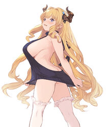  aran_sweater ass backless_dress backless_outfit bare_back black_sweater blonde_hair blush breasts butt_crack cable_knit clothes_tug commentary_request draph dress female granblue_fantasy halterneck highres horns large_breasts long_hair meme_attire open_mouth razia sideboob simple_background solo standing sweater sweater_dress sweater_tug thighhighs turtleneck turtleneck_sweater u_jie virgin_killer_sweater white_background white_thighhighs 